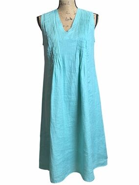 Pure Jill Linen Pintuck Midi Dress in light Aqua Blue. EC. Size XSMALL